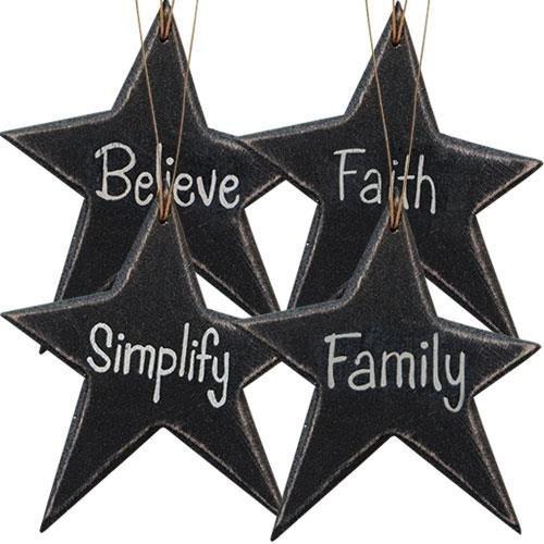 NewNest Australia - Primitive Wood Black Stars Ornaments Lot of 4 Family Simplify Believe Faith Country Christian - Hearthside 