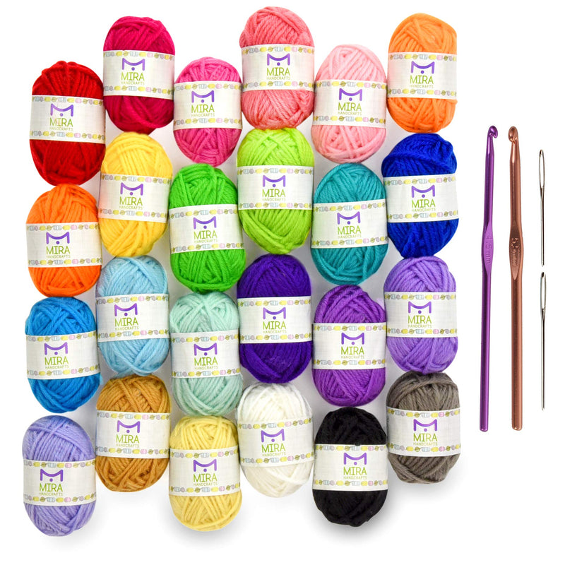 24 Acrylic Yarn Skeins | Total of 525 Yards Craft Yarn for Knitting and Crochet | Includes 2 Crochet Hooks, 2 Weaving Needles, 7 E-Books | DK Yarn | Perfect Beginner Kit | by Mira Handcrafts - NewNest Australia