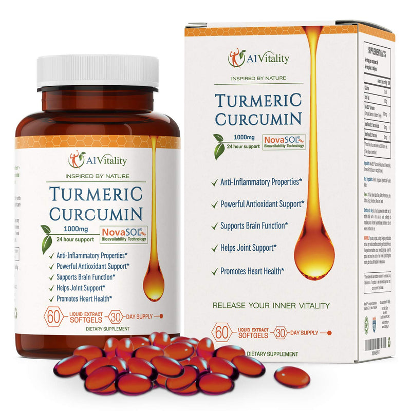 A1 Vitality Turmeric Curcumin NovaSOL Supplements 1000mg More Potent Than Bioperine - Inflammation, Joint Pain Relief - 185x Bioavailable Than Turmeric Black Pepper Capsules – Best Natural Softgels - NewNest Australia