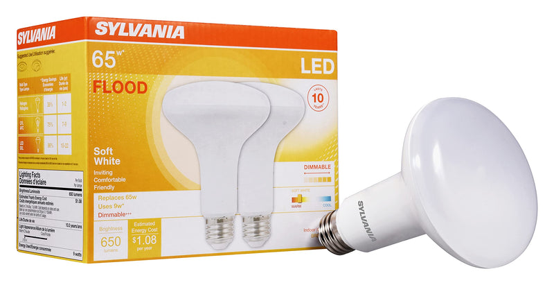 SYLVANIA LED Flood BR30 Light Bulb, 65W Equivalent Efficient 9W, 10 Year, 650 Lumens, Dimmable, 2700K, Soft White - 2 pack (73954) Soft White -2700K 2 Count (Pack of 1) - NewNest Australia
