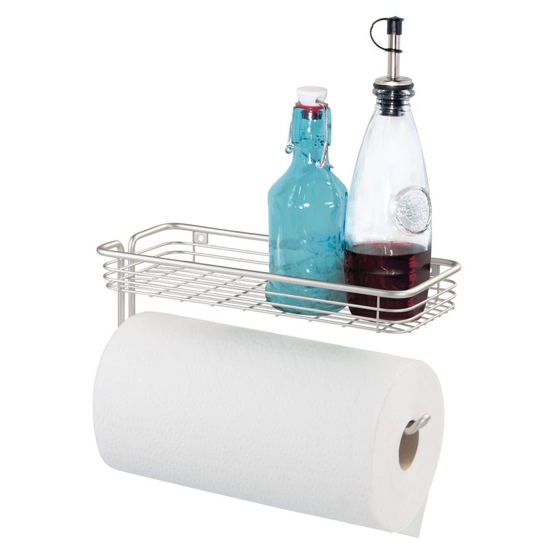 NewNest Australia - iDesign Classico Steel Wall Mounted Paper Towel Holder with Shelf Paper Towel Dispenser for Kitchen, Bathroom, Laundry Room, Garage, Office , Satin 