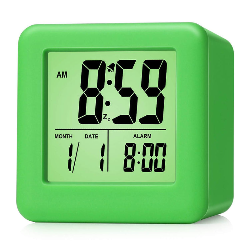 NewNest Australia - Plumeet Digital Alarm Clocks Travel Clock with Snooze and Green Nightlight - Easy Setting Clock Display Time, Date, Alarm - Ascending Sound - Battery Powered (Green) 