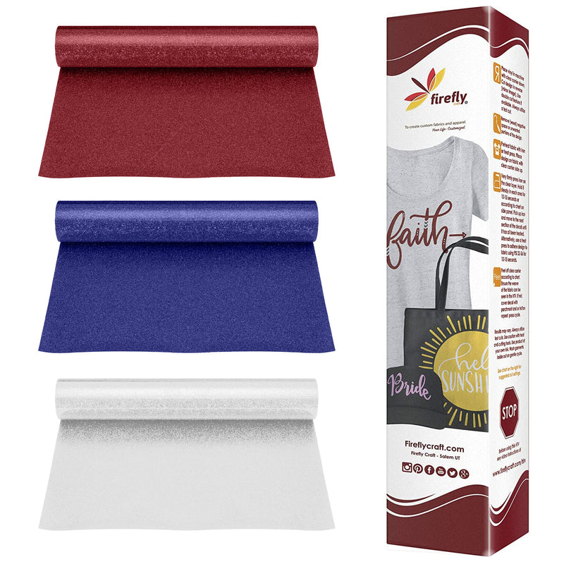 Firefly Craft Glitter Heat Transfer Vinyl Bundle (Red, White, Royal Blue) — HTV for Plotter Printer and Die-Cut Machine —3 Pack (12 x 20 inches) 3 sheets Glitter Red, Glitter White, Glitter Royal Blue - NewNest Australia