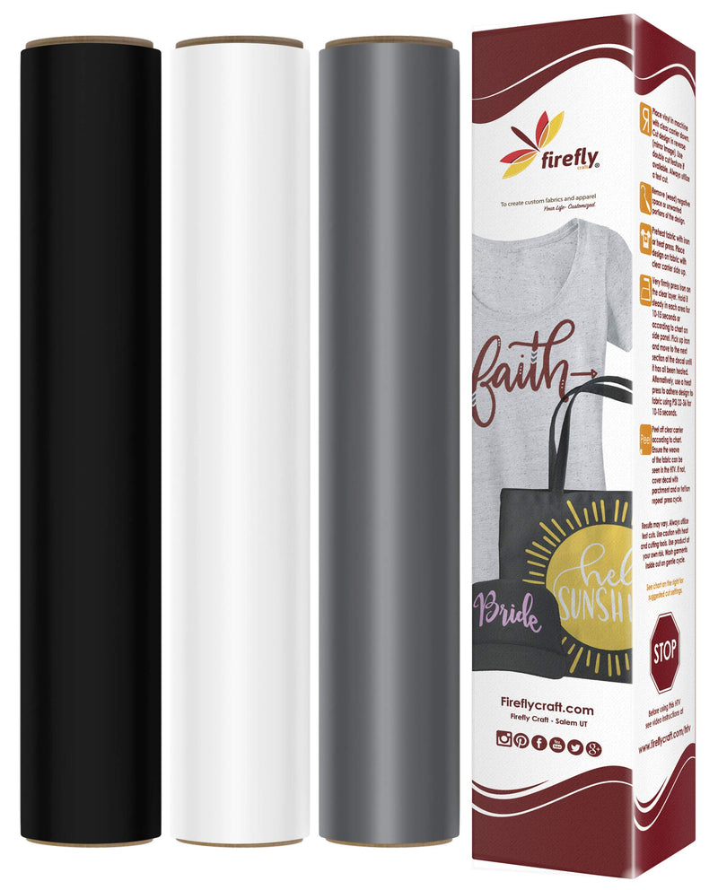 Firefly Craft Grayscale Heat Transfer Vinyl Bundle for Shirts - HTV Vinyl Bundle - Iron On Vinyl for Cricut and Silhouette Transfers - Iron on Vinyl Sheets - 3 Sheets per Pack (12" x 20" Each) Black, White, Gray - NewNest Australia