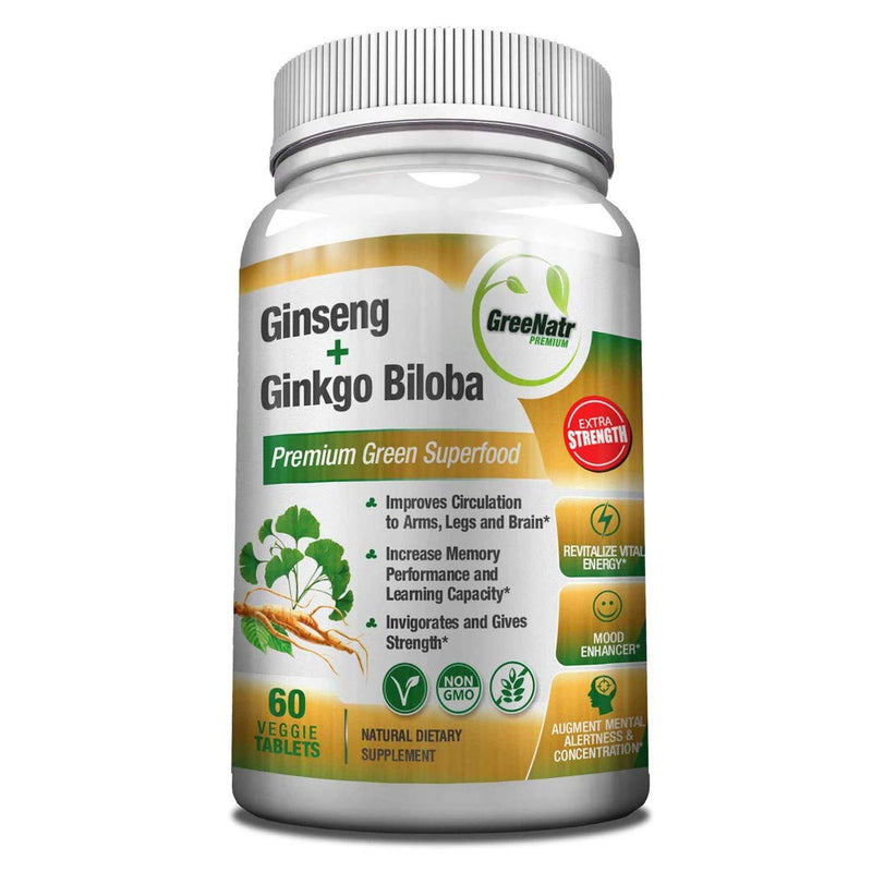 Panax Ginseng + Ginkgo Biloba Tablets - Premium Non-GMO/Veggie Superfood - Traditional Energy Booster and Brain Sharpener - Unique Twin Supplement Combines Ginseng and Ginkgo Biloba 60 Veggie Tablets 60 Count (Pack of 1) - NewNest Australia