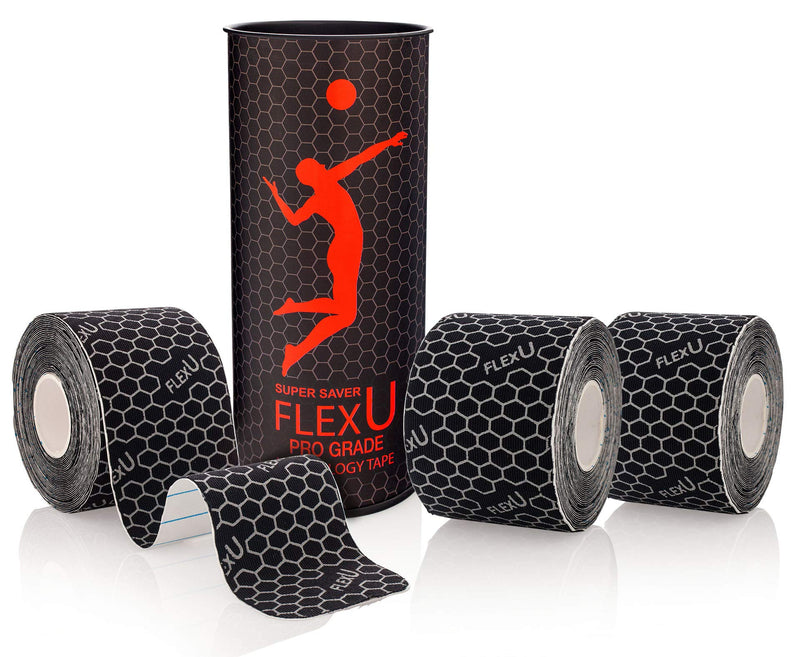 FlexU Kinesiology Tape; 3 Roll Pack; Ultra-Thin & Soft, Rayon Fabric; Latex Free; Hypoallergenic Professional Therapeutic Tape; Alleviates Pain, Reduces Swelling & Induces Faster Recovery Black - NewNest Australia