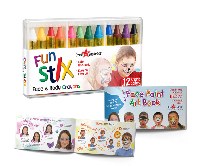 Dress-Up-America Face Paint Crayons - With Artbook & Easy To Follow Facepainting Designs -Safe Non-Toxic Face And Body Paint Made in Taiwan - Halloween Makeup Face Painting Kit for Kids & Adults 12 Count (Pack of 1) - NewNest Australia