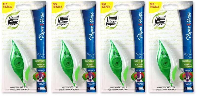 Paper Mate 660415 Liquid Paper DryLine Grip Correction Tape Dispenser, Pack of 4; Transparent Green Body; 1/5 inches Wide x 27.8 feet Long White Tape; Applies Dry, Rewrite Instantly; Swivel Tip - NewNest Australia