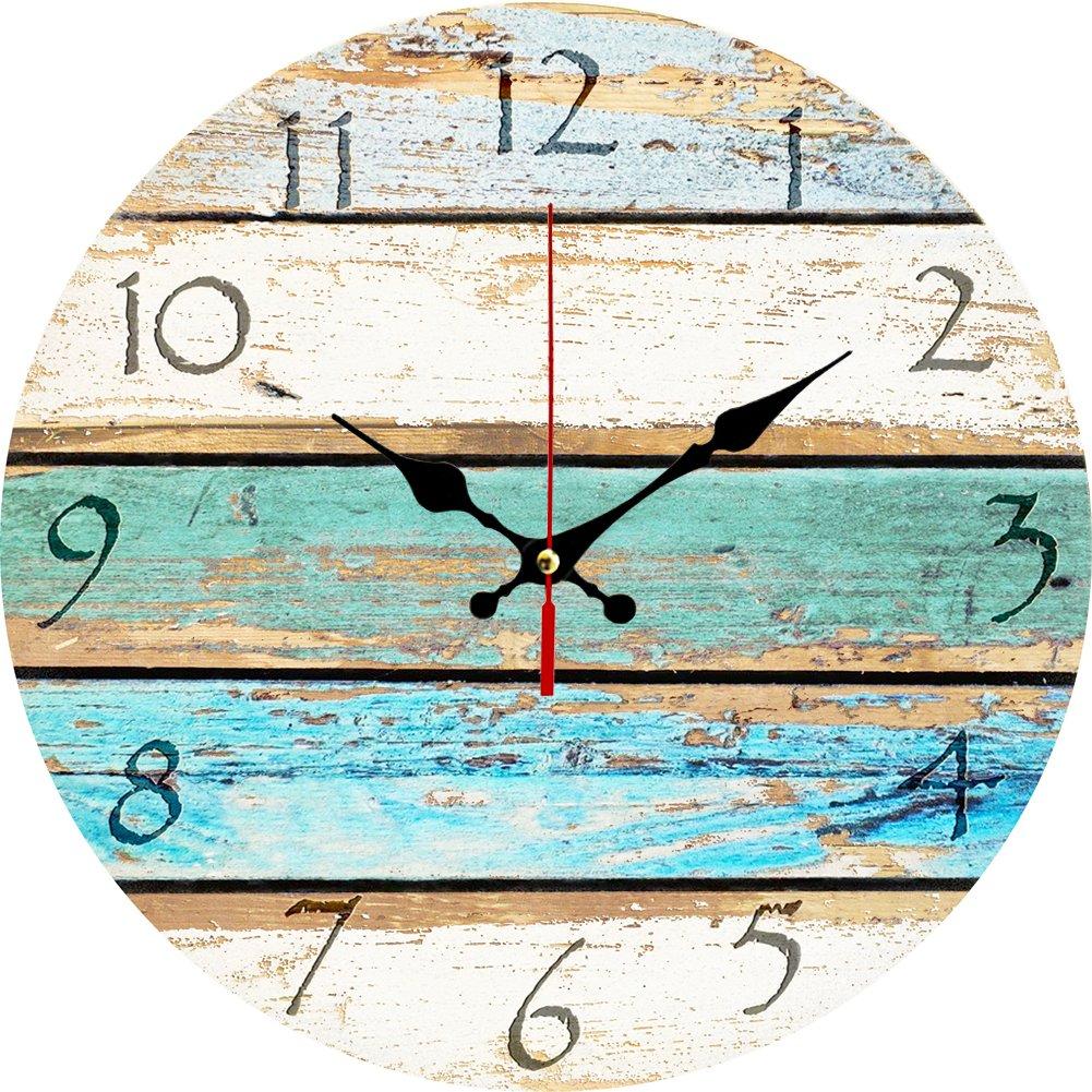 NewNest Australia - Grazing 12" Vintage Arabic Numerals ,Shabby Beach, Weathered Beachy Boards Design ,Ocean Colors Old Paint Boards Printed Image, Rustic Mediterranean Style Wooden Decorative Round Wall Clock (Sky) 