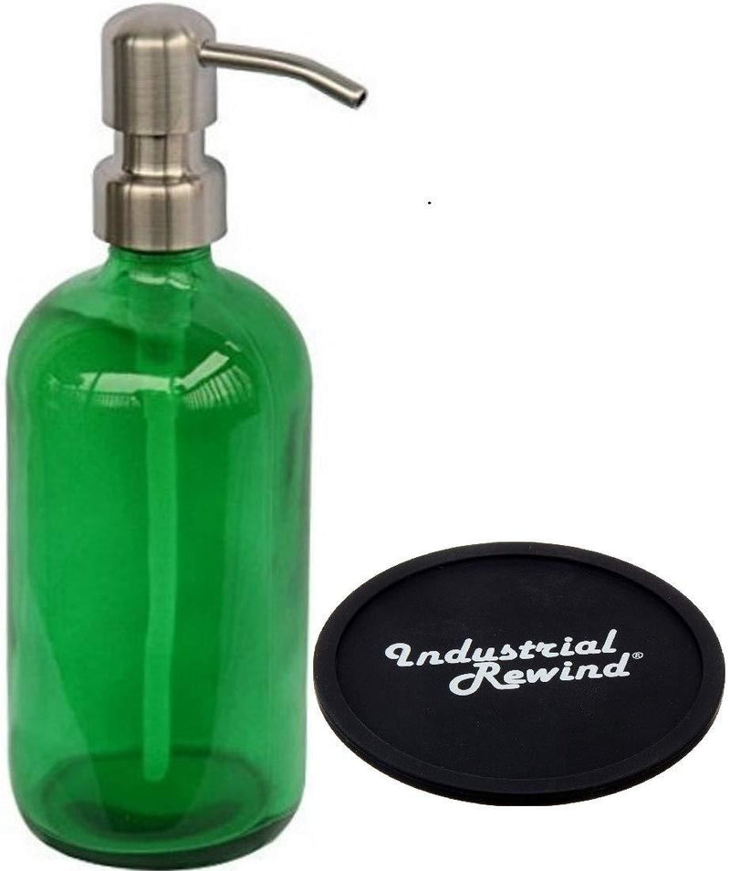 Industrial Rewind Executive Style Green Glass Soap Dispenser with Stainless Steel Pump and Non Slip Coaster/Countertop Protector - Green 16oz Glass Bottle Lotion Bottle - NewNest Australia