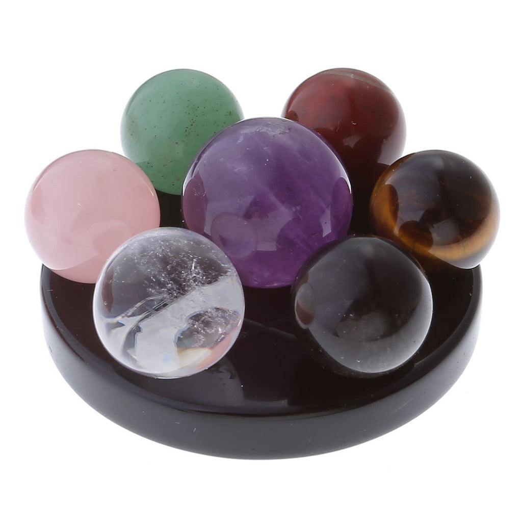 NewNest Australia - Jovivi Seven Star Group Natural Amethyst Chakra Crystal Sphere Ball with Black Obsidian Stand w/Box 