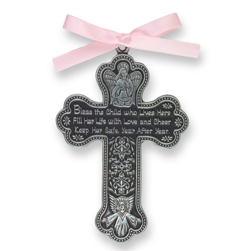 Bless The Child - GUARDIAN ANGEL Baby GIRL Crib Cross 4" PEWTER Medal - CHRISTENING - BABY SHOWER GIFT Baptism KEEPSAKE with PINK RIBBON GIFT BOXED (Original Version) Original Version - NewNest Australia