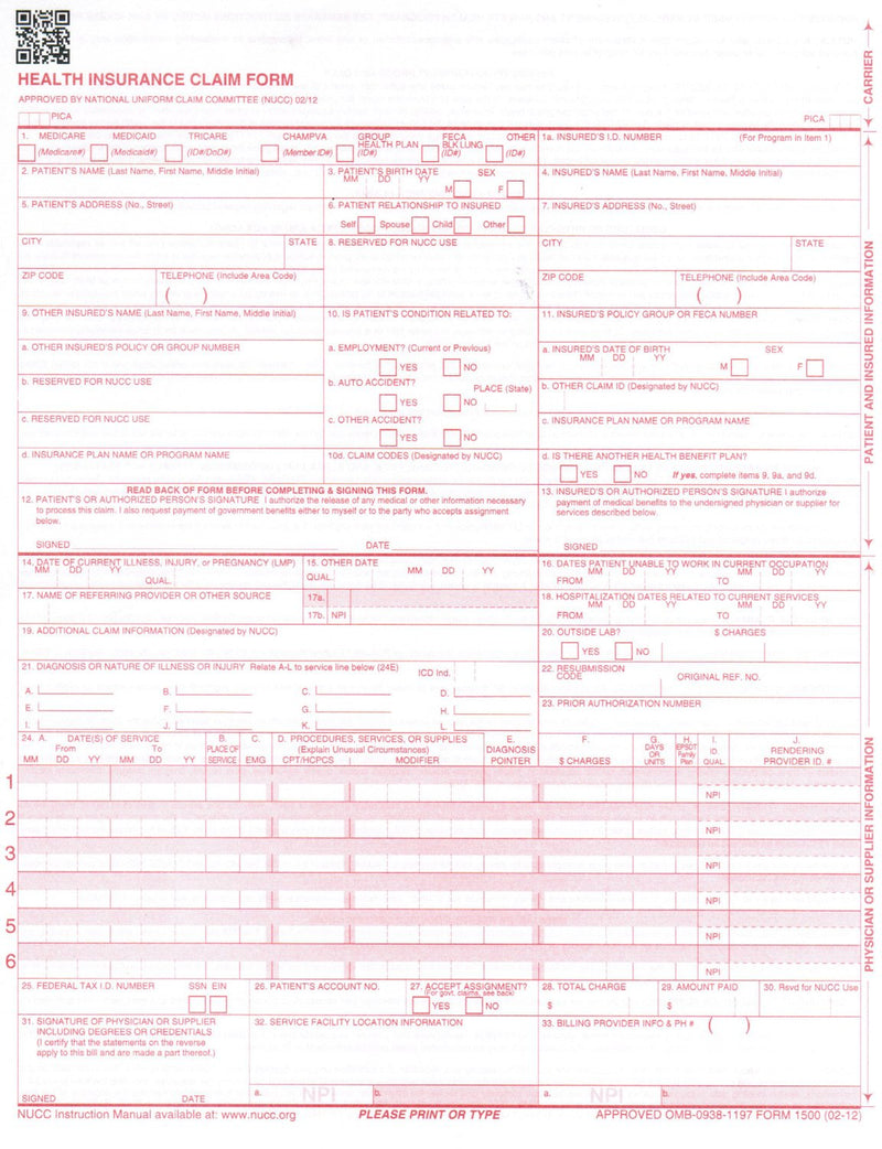 New CMS 1500 Health Insurance Claim Forms, HCFA Approved Version (02/12) - Ream of 100 Forms - NewNest Australia