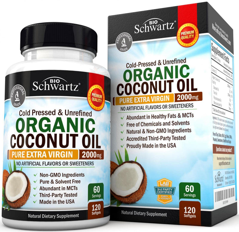 Coconut Oil Capsules 2000mg - Organic Pure Extra Virgin Unrefined Cold Pressed & Non-GMO for Healthy Skin Nails Weight Loss Hair Growth Brain Health Bloat Blood Pressure Anti Aging Digestion - 120ct - NewNest Australia