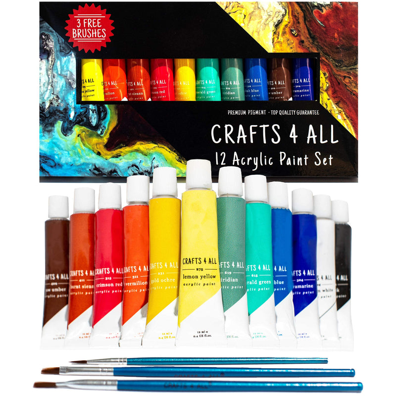 Crafts 4 All Acrylic Paint Set - Art Paints for Canvas, Model Painting, Wood, Ceramics and Fabric - Craft Supplies with 3 Artist Brushes for Adults & Kids﻿, 12 Pack, 12mL 0.4 Fl Oz (Pack of 12) - NewNest Australia