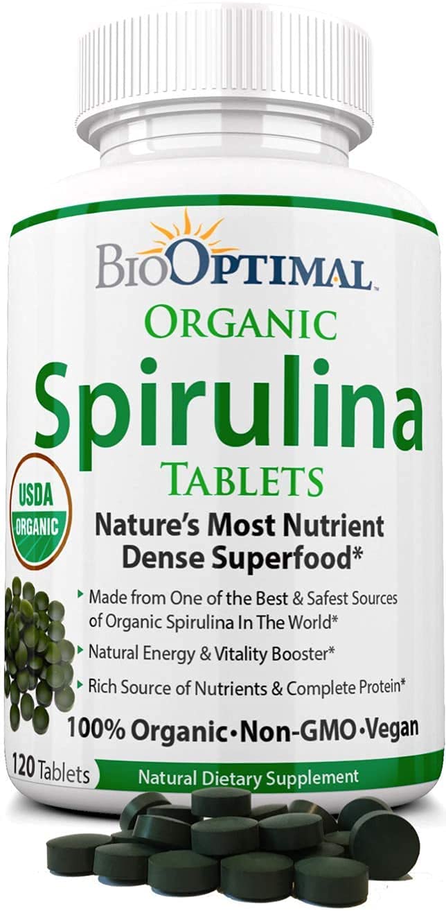 BioOptimal Organic Spirulina Tablets, 100% USDA Organic, Premium Quality 4 Organic Certifications, Non-GMO, No Additives Capsules or Fillers, 120 Count 1 Month Supply 120 Count (Pack of 1) - NewNest Australia