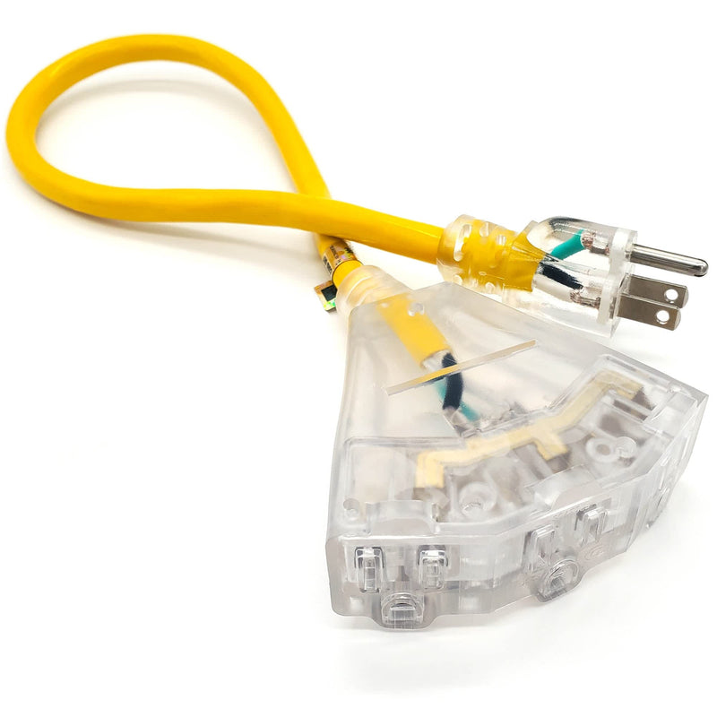 2-ft 12/3 Heavy Duty 3-Outlet Lighted SJTW Indoor/Outdoor Extension Cord by Watt's Wire - Short 2' 12-Gauge Grounded 15-Amp Power-Cord (2 foot 12-Awg) 2 ft Yellow - NewNest Australia