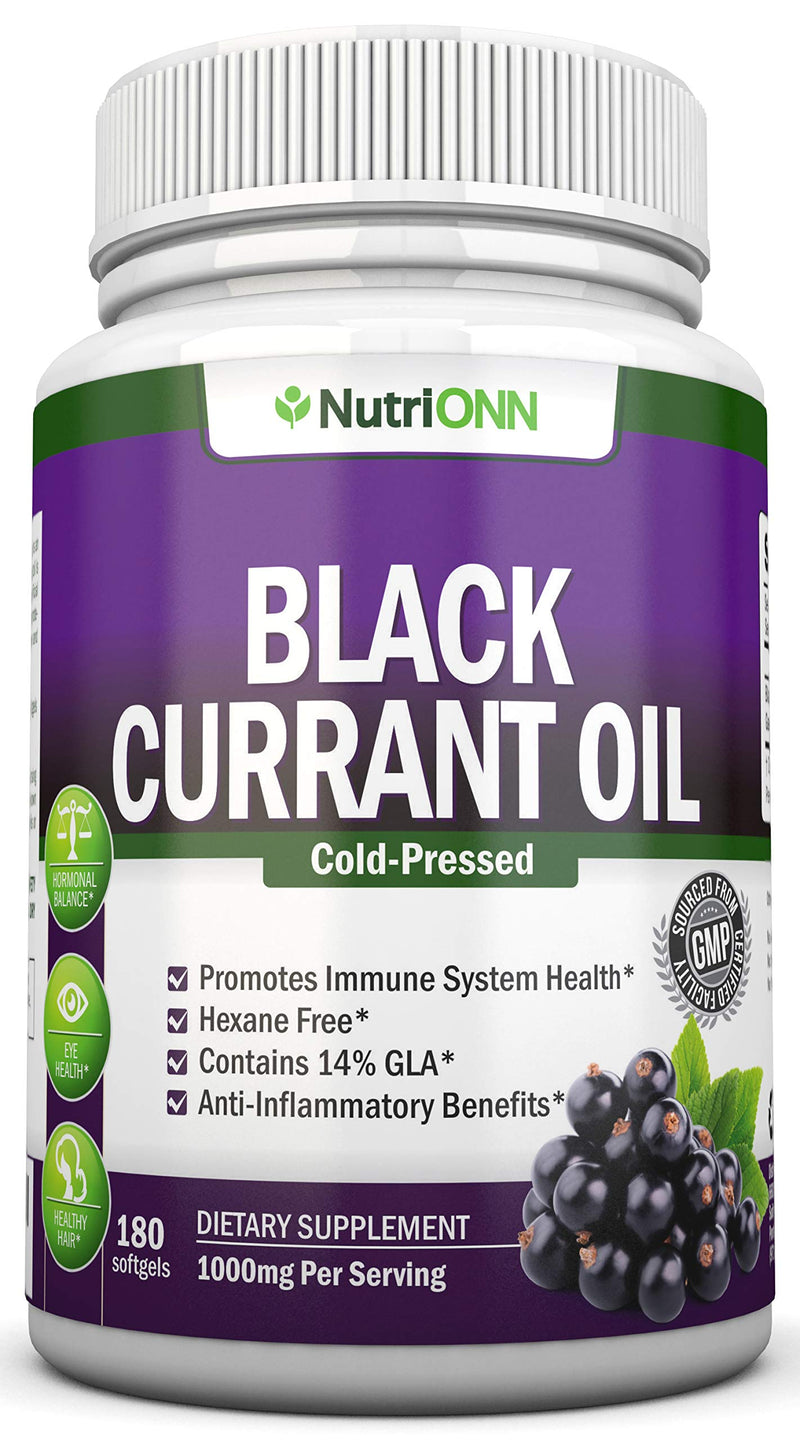 Black Currant Oil - 1000 Mg - 180 Softgels - Cold-Pressed Pure Black Currant Seed Oil - Hexane Free - 140mg GLA Per Serving - Regulates Hormonal Balance - Great For Immune System, Hair, Skin and Heart - NewNest Australia