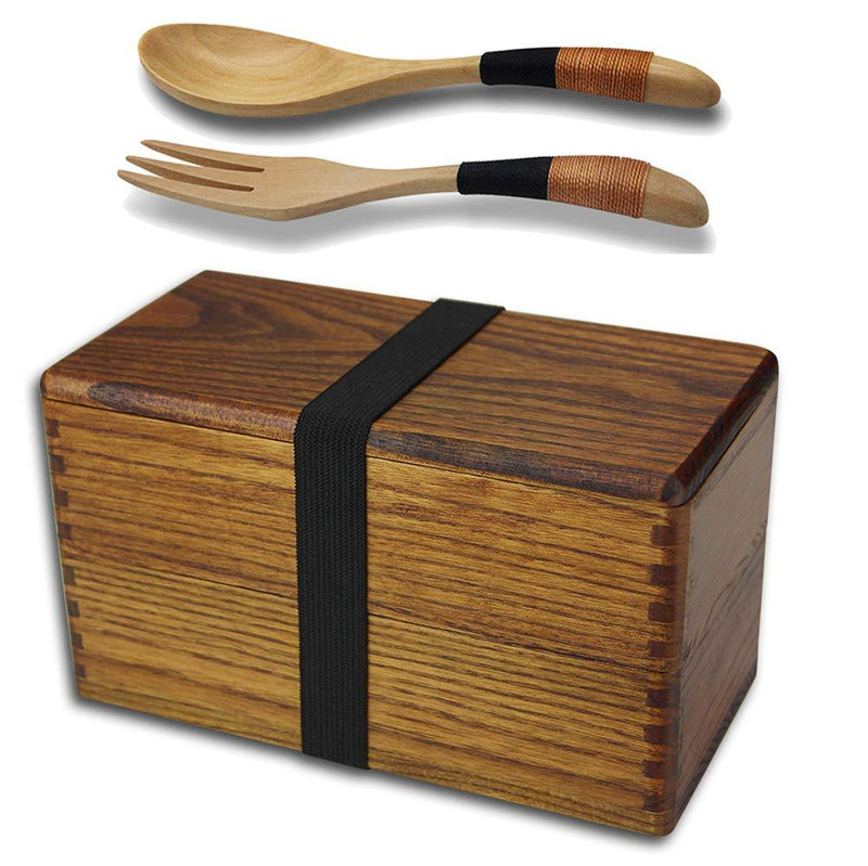 NewNest Australia - Lunch boxes, Japanese Traditional Natural Square Wooden Lunch Containers Women's Men's Adult Kids Wood Bento Box with Spoon Fork kit 