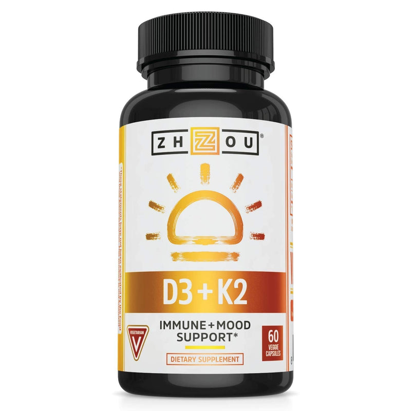 Zhou Nutrition Vitamin D3 K2, Bone and Heart Health Formula 5000 IU Vitamin D3 & 100 mcg Vitamin K2, Max Strength 2 in 1 Immune Support and Calcium Absorption, Gluten Free, 60 Count - NewNest Australia
