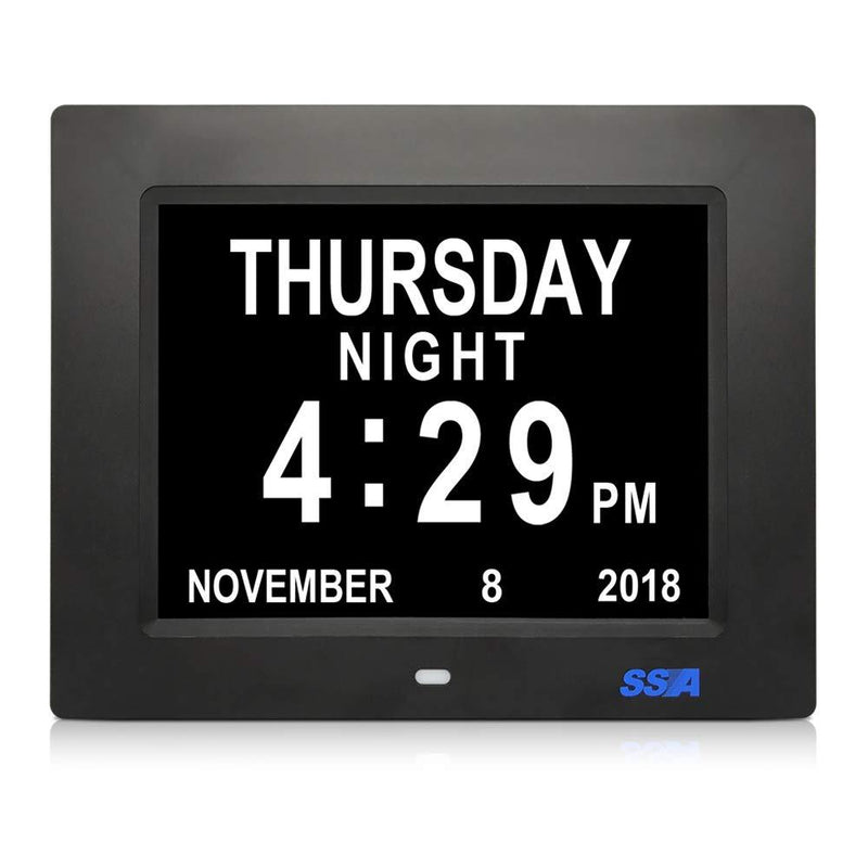 NewNest Australia - SSA Day Alarm Clock, 8 inch Digital Calendar Day Clock with Clear Large Non-Abbreviated Day & Month Wall Hanging or Desk/Shelf Clock Dementia Clock Pefect for Memory Loss Elderly Seniors 8 inch black 