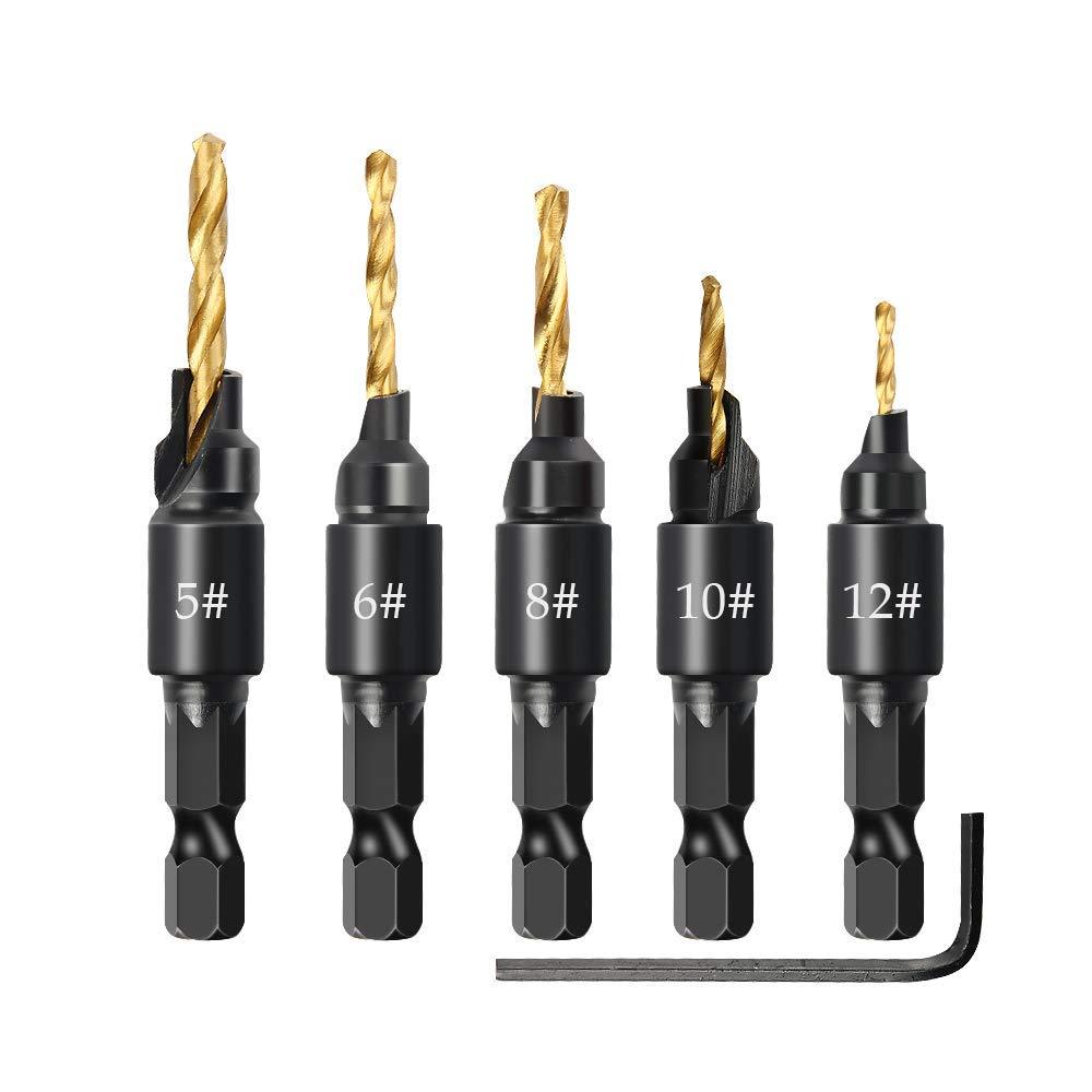 1/4 inch Hex Shank Countersink Drill Bit Power Tools Accessories for Plastic Metal Woodworking Tool by Power Drill 5Pcs/Set #5#6#8#10#12 (Gold) 5-Pack/Set Gold - NewNest Australia