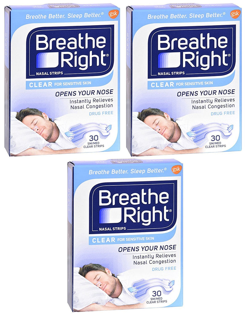 Breathe Right Nasal Strips - Clear - For Sensitive Skin - Sm / Med Clear Strips - 30 Count Strips Per Box - Pack of 3 - NewNest Australia