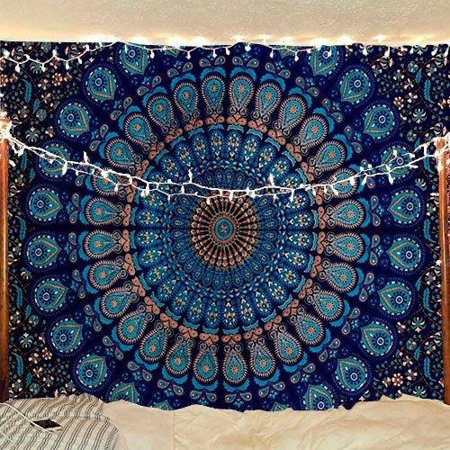 NewNest Australia - Bless International Indian Hippie Bohemian Psychedelic Peacock Mandala Wall Hanging Bedding Tapestry (Blue Green, Twin(54x72Inches)(140x185cms)) Blue Green Twin(54x72Inches)(140x185cms) 