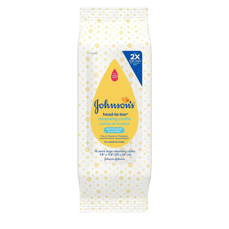 Johnson's Head-to-Toe Gentle Baby Cleansing Cloths, Hypoallergenic and Pre-Moistened Baby Bath Wipes, Free of Parabens, Phthalates, Alcohol, Dyes and Soap, 15 ct Pack of 1 15 Count (Pack of 1) - NewNest Australia