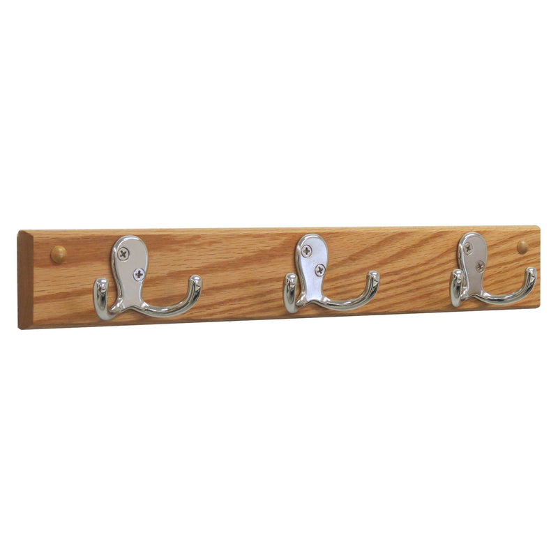 NewNest Australia - Wooden Mallet, Nickel, Light Oak 3 Double Prong Hook Rail/Coat Rack Nickel Hooks 