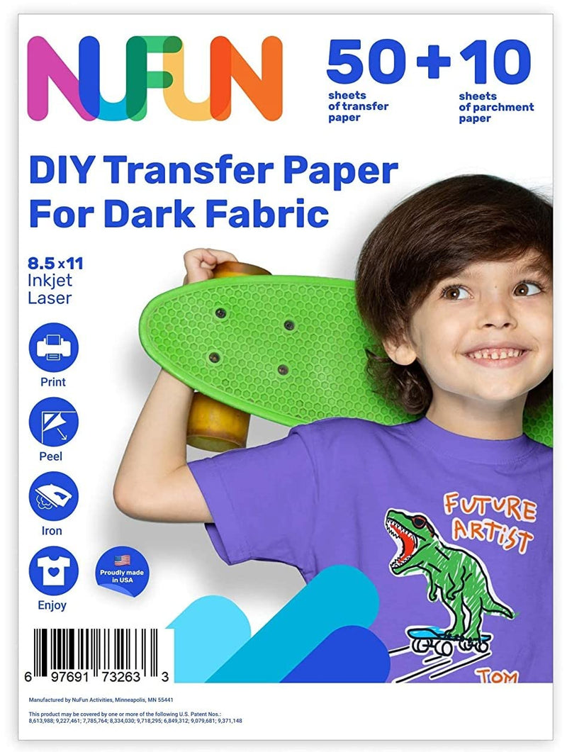 NuFun Activities Inkjet Printable Iron-On Heat Transfer Paper for T Shirts and Dark Fabrics, Shirt Printing and DIY Projects - 8.5x11” - 50 Sheets - NewNest Australia