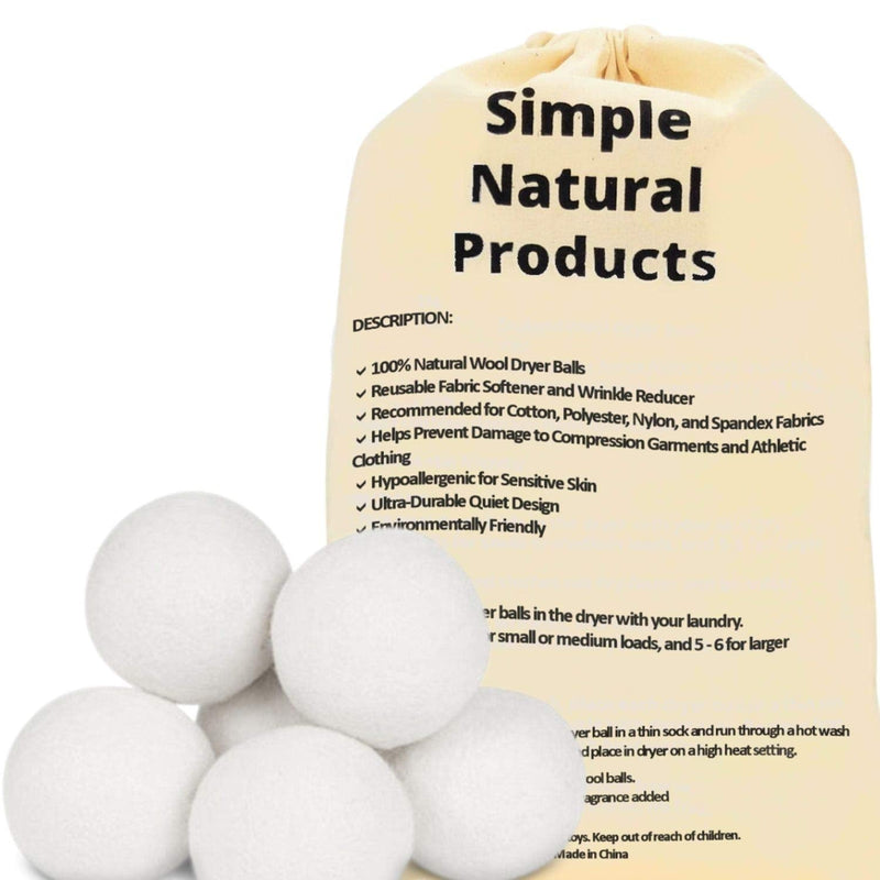 Simple Natural Products Wool Dryer Balls - Fabric Softener and Dryer Sheets for Laundry Supplies – Reusable Wrinkle and Static Guard Wool Balls – Unscented for Sensitive Skin (6 XL Pack) - NewNest Australia