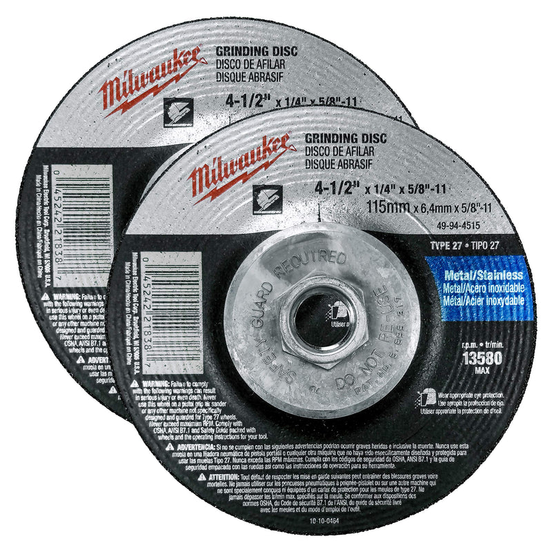 Milwaukee 2 Pack - 4 1 2 Hubbed Grinding Wheel For Grinders - Aggressive Grinding For Metal & Stainless Steel - 4-1/2" x 1/4 x 7/8-Inch | Depressed 2 Pack | Hubbed - NewNest Australia