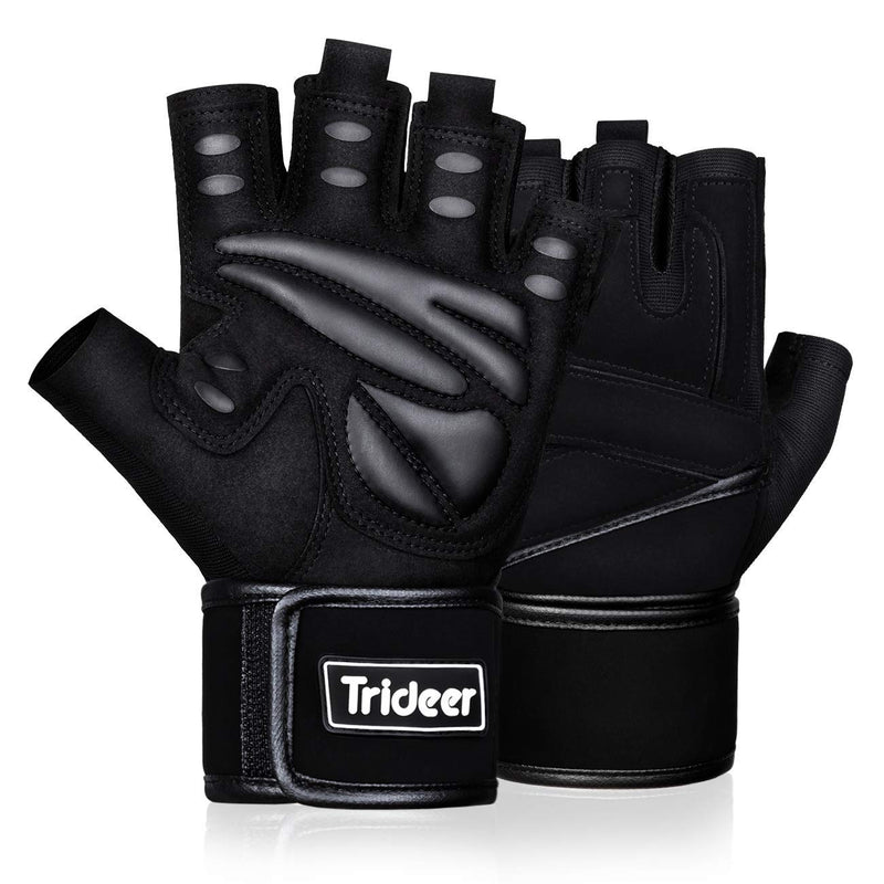 Trideer Padded Workout Gloves for Men - Gym Weight Lifting Gloves with Wrist Wrap Support, Full Palm Protection & Extra Grips for Weightlifting, Exercise, Cross Training, Fitness, Pull-up Black XL (8.6-9.25 in) - NewNest Australia