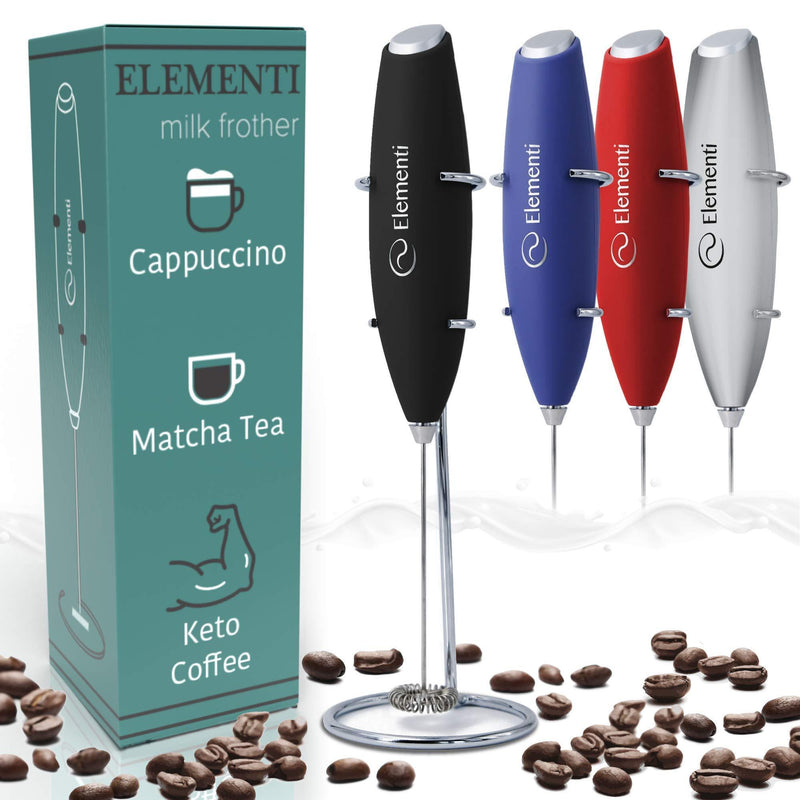 Elementi Milk Frother for Coffee - Drink Mixer Handheld - Matcha Whisk and Electric Stirrer for Drinks (Black)