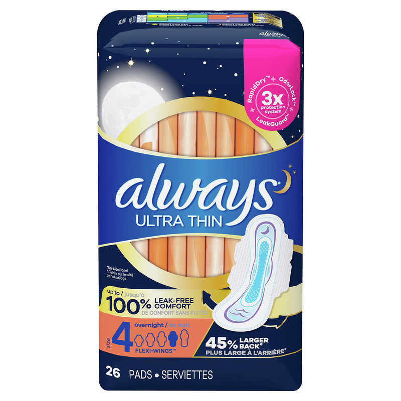 Always Ultra Thin Feminine Pads with Wings for Women, Size 4, 78 Count, Overnight Absorbency, Unscented, (26 count, Pack of 3 - 78 Count Total) - NewNest Australia