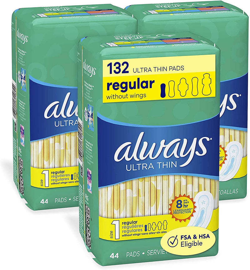 Always Ultra Thin Pads for Women, Size 1 Regular Absorbency Without Wings Unscented, 44 Count - Pack of 3 (132 Count Total) - NewNest Australia
