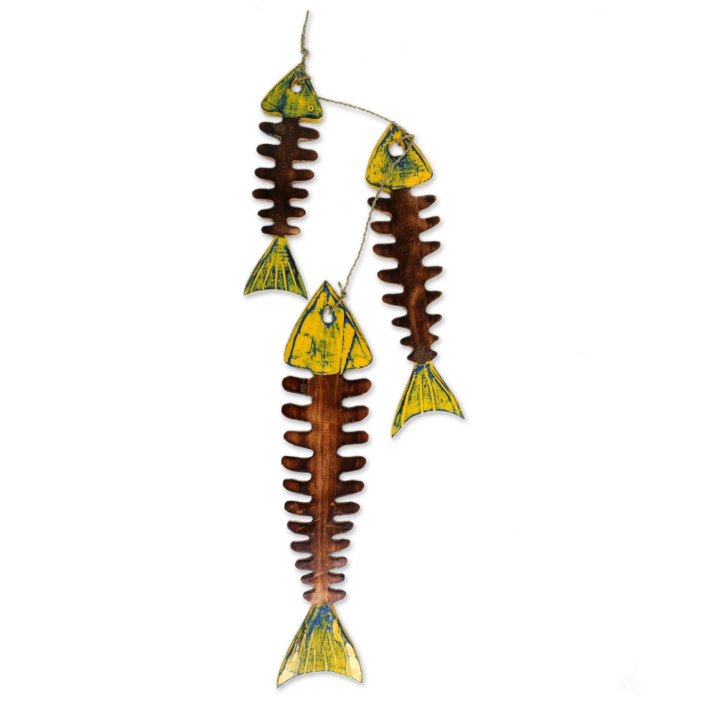 NewNest Australia - NOVICA Hand Carved Albesia Wood Hanging Wall Accent With Agel Grass Cord, Brown And Yellow 'Fish Bones' 