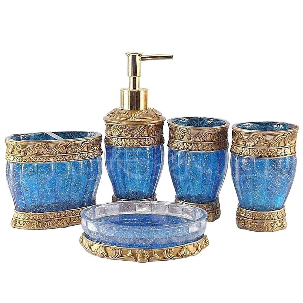 Vintage Blue Bathroom Accessories, 5Piece Bathroom Accessories Set, Bathroom Set Features, Soap Dispenser, Toothbrush Holder, Tumbler & Soap Dish - Golden Glossy - Bath Gift Set - NewNest Australia