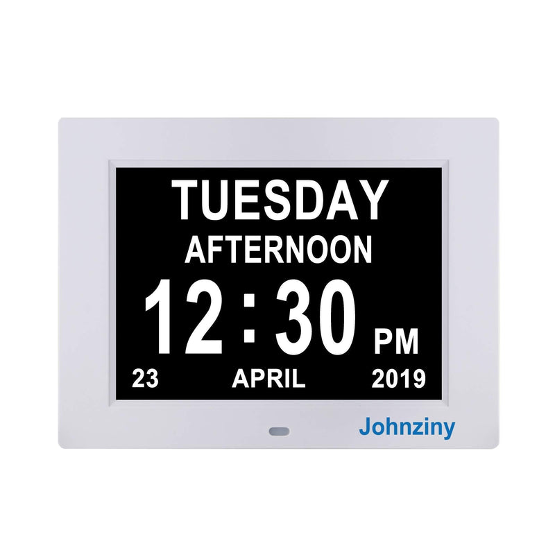 NewNest Australia - Johnziny Digital Calendar Day Clock- 8 Alarms Dementia Clocks Extra Large Non-Abbreviated Alzheimer Memory Loss Vision Impaired Battery Backup Alarm Clock for Seniors Elderly 8" White 