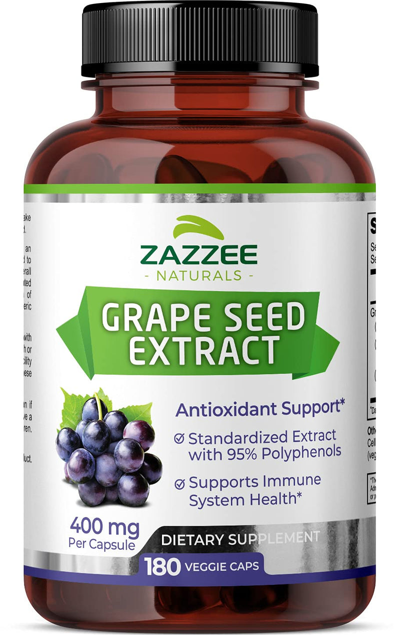 Zazzee Grape Seed Extract 20,000 mg Strength, 180 Vegan Capsules, 95% Polyphenols (Proanthocyanidins), Potent 50:1 Extract, 400 mg per Capsule, 6 Month Supply, Non-GMO and All-Natural - NewNest Australia
