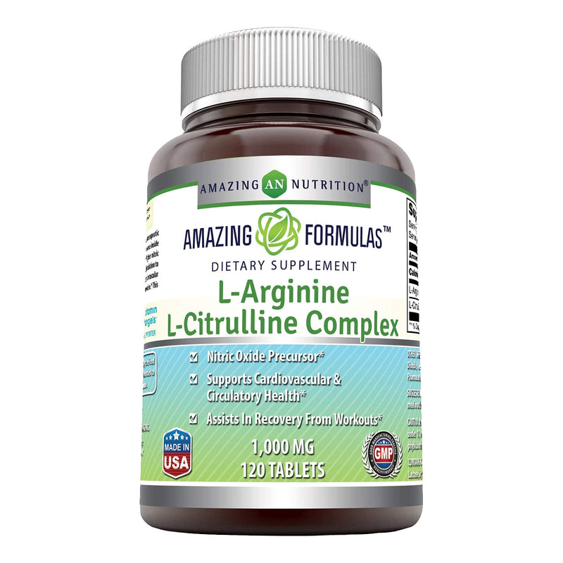 Amazing Nutrition L-Arginine/L-Citrulline Complex 1000 Mg Combines Two Amino Acids with Potential Health Benefits Supports Energy Production Ads (120 Tablets) (Non-GMO,Gluten Free) 120 Count (Pack of 1) - NewNest Australia