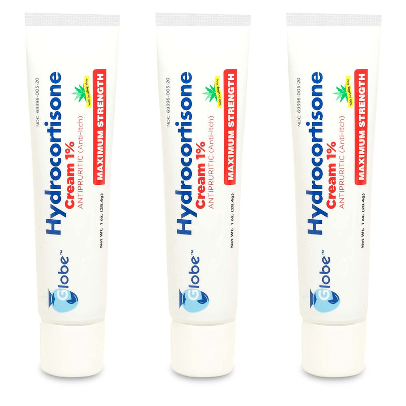 Globe Hydrocortisone Maximum Strength Cream 1% w/ Aloe, | Anti-Itch Cream for Redness, Swelling, Itching, Rash & Dermatitis, Bug/Mosquito Bites, Eczema, Hemorrhoids & More | (3-Pack) - NewNest Australia