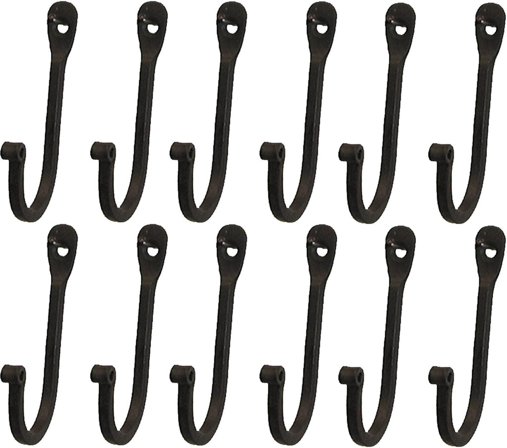 NewNest Australia - Early American Single Prong Wrought Iron Hooks, Set of 12 - Rustic Curved Metal Fasteners - Decorative Colonial Wall Décor Black 