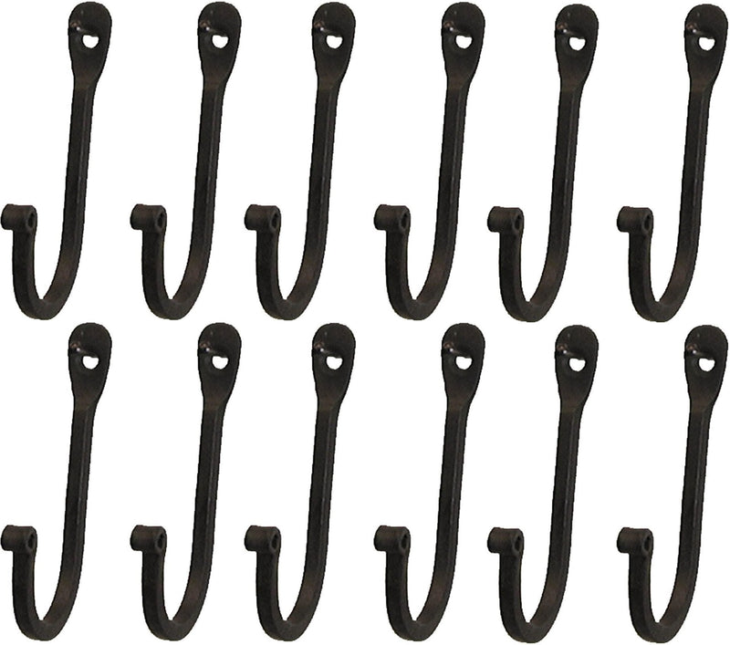 NewNest Australia - Early American Single Prong Wrought Iron Hooks, Set of 12 - Rustic Curved Metal Fasteners - Decorative Colonial Wall Décor Black 