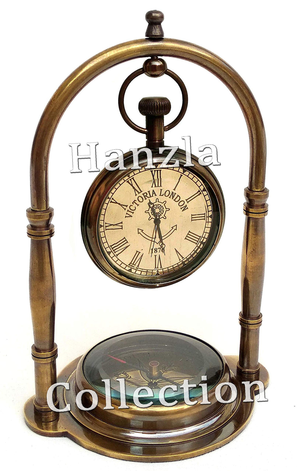 NewNest Australia - Hanzla Collection Nautical Clock Ship Table Clock Brass Desk Clock Maritime Brass Compass with Antique Victoria London Pocket Watch 