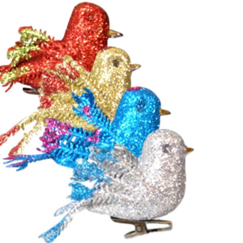 NewNest Australia - BANBERRY DESIGNS Artificial Foam Bird Ornaments - Set of 12 Clip-On Birds - Package Includes 3 Red, 3 Blue, 3 Gold and 3 Silver - Simulation Mini Birds with Sequence and Glitter - 2 Inches Tall 