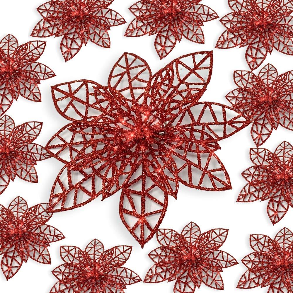 NewNest Australia - BANBERRY DESIGNS Red Poinsettia Clip On Ornaments - Wreath Decor - Pack of 12 Glitter Poinsettia Flowers with Metal Clips - Holiday Decorations - Artificial Poinsettia Flowers - 