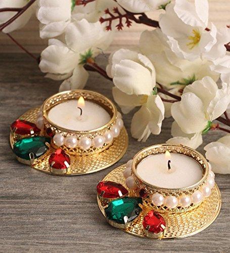 NewNest Australia - Itiha Red & Green Stone Studded Metal Tealight Candle Holder with Artificial Pearls Diwali Gift and Everyday Use.(3 inches Diameter) 