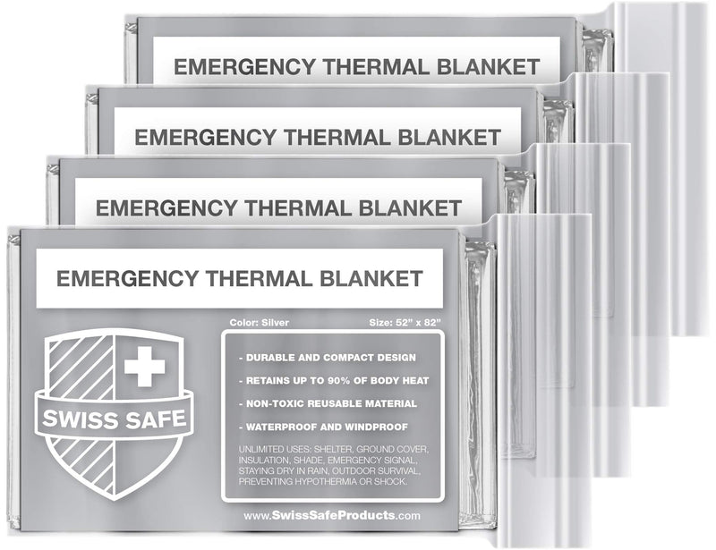 Swiss Safe Emergency Mylar Thermal Blankets + Bonus Gold Foil Space Blanket. Designed for NASA, Outdoors, Survival, First Aid, Silver, 4 Pack - NewNest Australia